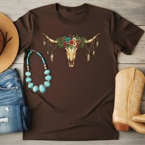 Boho Longhorn Skull Graphic Tee • Western Cow Skull Shirt • Floral Southwestern